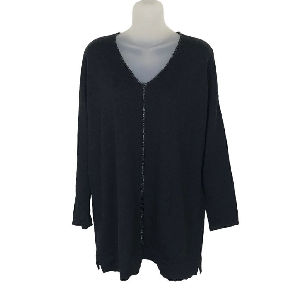 Eileen Fisher 98% Merino Wool Black  V- neck Oversized Sweater  Size XXS